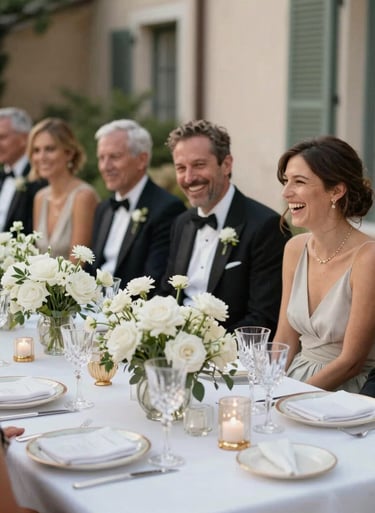 A candid moment at a luxury birthday celebration. Guests in formal attire are laughing around a beautifully decorated table with crystal glasses and white flowers, in a Southern European villa setting.