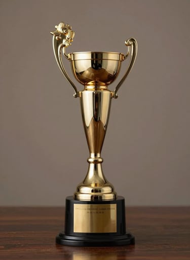 A polished gold award trophy sitting on a dark wood table against a #2B2D42 background. Elegant lighting highlighting the metallic sheen and the sophisticated atmosphere.