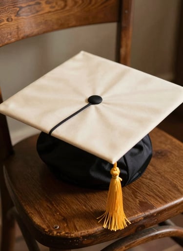 Detail shot of a graduation cap resting on a vintage wooden chair with a soft cream-colored diploma. Warm, nostalgic lighting. North American / US.