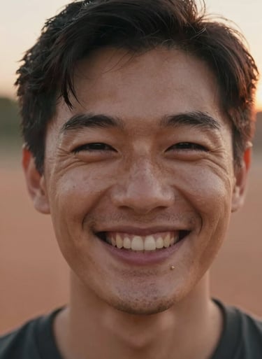 A close-up portrait of a person smiling with authentic joy, outdoor North American setting, warm Terracotta tones in the backlight.