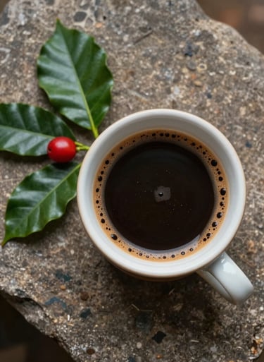 Top-down view of a ceramic cup filled with black coffee, showing a perfect crema. Next to it, a small sprig of coffee leaves with a single red cherry. Set on a rustic stone surface in a South American / Latin courtyard.