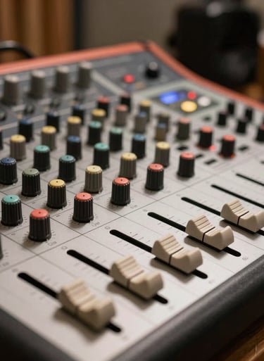 Professional soundboard in a music studio, knobs and faders in focus, soft coral and antique white ambient lighting, South American professional setting.