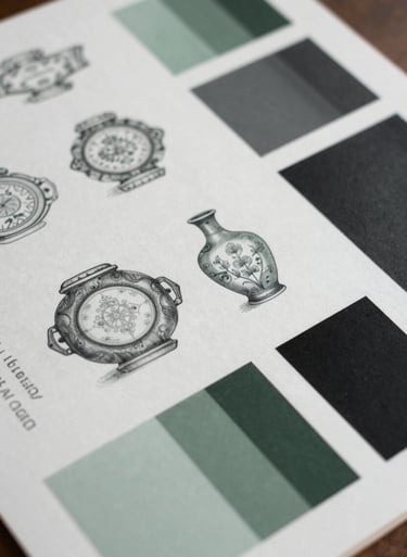 Close-up of a concept board for a design thesis, featuring sketches and swatches in sage green and charcoal black, East Asian / South Asian influenced for a global luxury audience creative context.