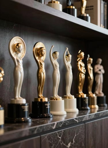 A row of prestigious film awards sitting on a dark marble shelf in a professional studio office. The lighting is cinematic, creating elegant off-white highlights on the metal surfaces.