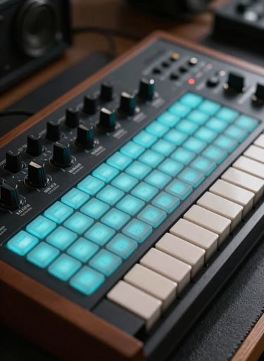 Detail of a synthesizer with glowing cyan pads and buttons, sitting in a dark creative space. Soft white highlights, South American / Colombian studio.