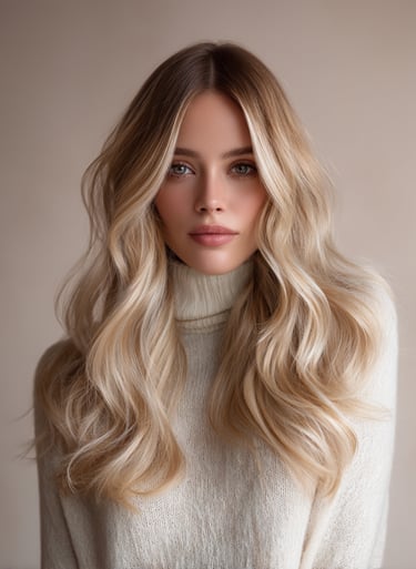 Luxury blonde balayage with soft waves and dimensional colour blending