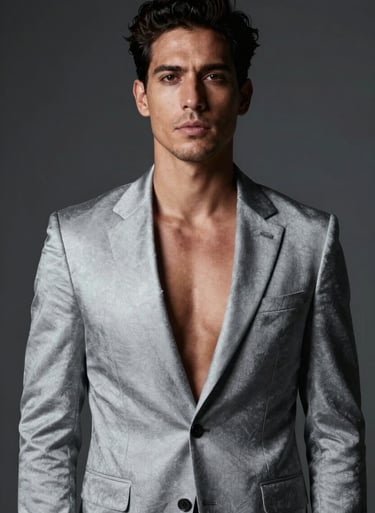 A high-fashion portrait of a man with a confident expression, wearing a silver gray blazer, studio lighting with deep charcoal gray shadows, South American / Brazilian aesthetics, sophisticated mood.