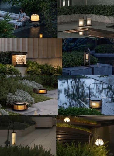 Collage of soft garden lighting with lanterns, warm outdoor lamps and gentle path lights creating a 