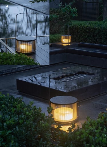 Soft outdoor lanterns beside water and garden plants, creating a quiet evening retreat with warm gen