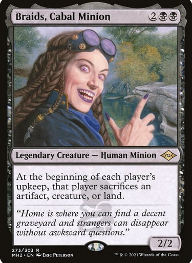 Braids, Cabal Minion Magic: The Gathering card featuring a smiling woman with goggles and braids.