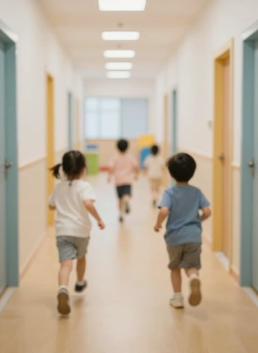 Toddlers running through a bright, safe hallway designed with play and visibility in mind.