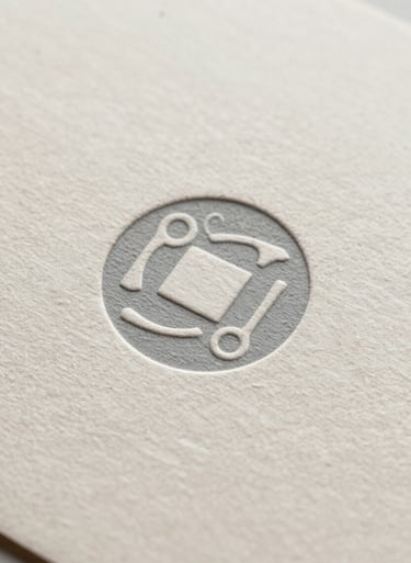 Macro shot of eco-friendly paper texture with a blind-embossed logo. Professional and meticulous detail. Colors focus on the natural tones of #A0A696 and #F8F8F4.