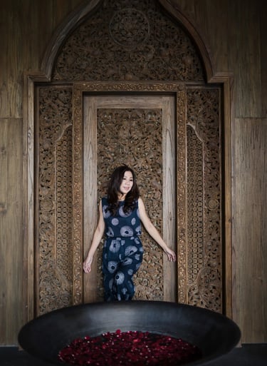 portrait with balinese architecture at kempinski bali nusa dua