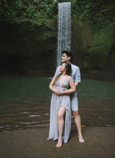 Intimate prewedding couple portrait at Tibumana Waterfall Bangli Bali
