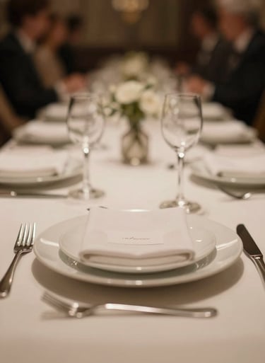 Detail of elegant table setting at a high-end corporate gala, soft bokeh, warm lighting highlighting #F2F1ED textures against #403B3B shadows.
