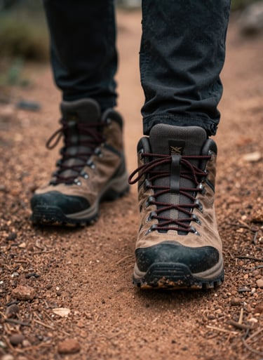 Close-up of hiking boots on a trail in a North American national park. Authentic lifestyle texture, cinematic lighting with Soft Sand dust and Terracotta dirt.