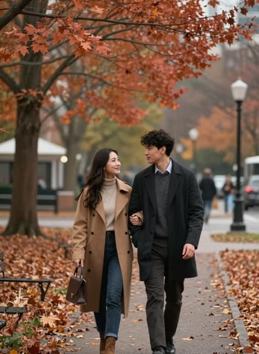 Candid shot of a young couple walking through a North American park in the autumn. Soft terracotta leaves and charcoal urban accents. Natural cinematic lighting and warm atmosphere.