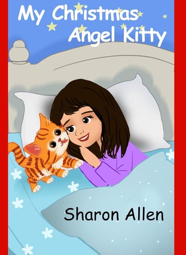 cute cartoon girl in a purple shirt is holding a kitten