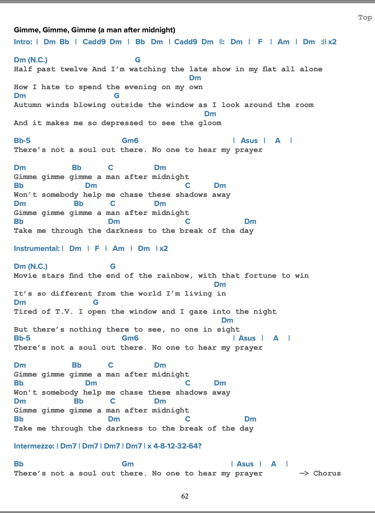 Chords and lyrics to the song Gimme, Gimme, Gimme, (A Man After Midnight), by ABBA.