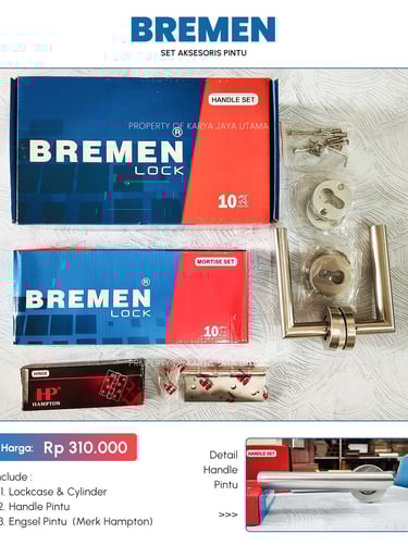 Set handle pintu, engsel, lock case merk Bremen