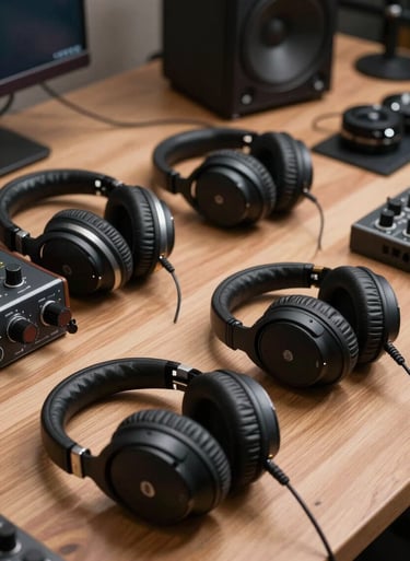 A collection of high-end headphones resting on a wooden studio desk next to an audio interface. Clean, modern, and highly polished photography. Southern European / Spanish setting.