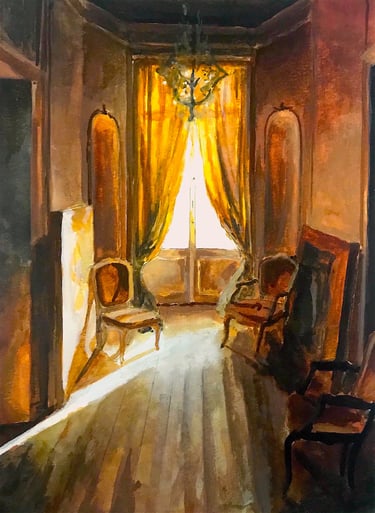 a painting of a room with a chair 