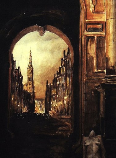 a painting of a city street scene