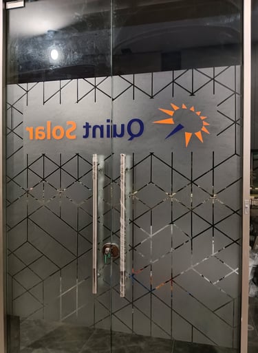 Sticker sandblast custom ruko Quint Solar, Devant, Kota Wisata karya Angel Family Laser.
