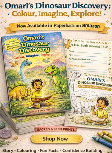 Omari's Dinosaur Discovery paperback activity book with coloring pages and story for kids on Amazon.