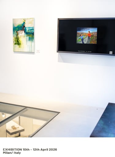 Fine art by Margueritte Tonbazian exhibited on digital screens in Milan, Italy, 2026.