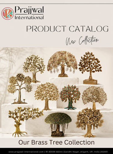 Prajjwal International product catalog featuring a diverse brass tree collection and decorative metal sculptures.