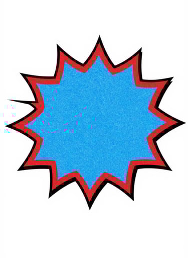 Graphic pop art explosion bubble, flat red #D4202B and blue #0050B3 colors, bold black #1A1A1A outlines, grainy vintage texture, centered composition.