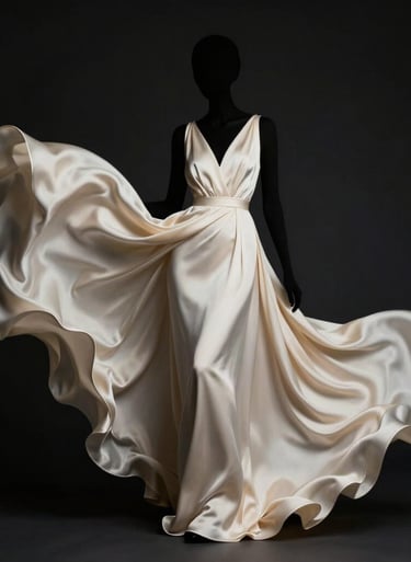 Striking high-fashion silhouette emphasizing elegant, fluid curves of a cream silk gown. Rich ebony black backdrop, dramatic magazine-style editorial illumination.