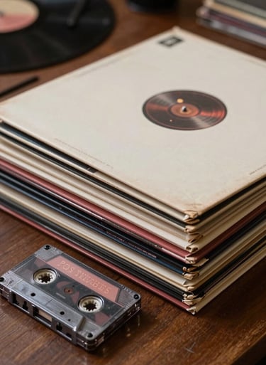 A stack of vintage vinyl records and tapes on a wooden table, colors reflecting muted rosy brown and soft cream parchment, North American / US musician's home.