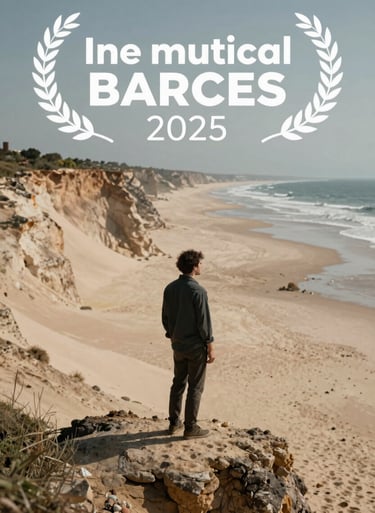 Candid photo of the artist standing on a cliff overlooking their work on the soft sand below, cinematic and contemplative mood.