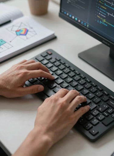 A crisp close-up of a software engineer's hands typing algorithms on an ergonomic keyboard, with notebooks displaying systems architecture sketches nearby.
