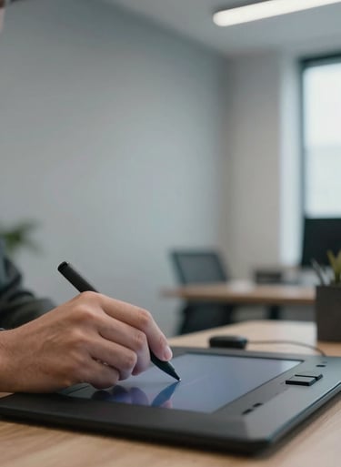 A low-angle shot of a digital artist's hands working on a graphics tablet in a modern North American / US office setting. The room features Mist Grey walls and elegant, soft lighting that highlights the professional environment.