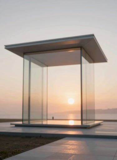 Futuristic architectural visualization, a pavilion made of glass and light, ethereal sunset glow, philosophical atmosphere #F9F7F2 #BC6C47