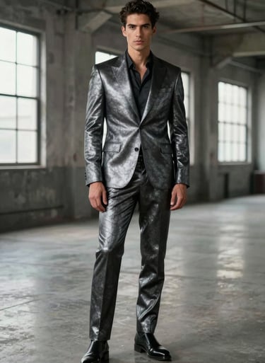 Full body shot of a male model in a dark metallic suit standing in a modern industrial loft, Silver Grey highlights, sharp focus.