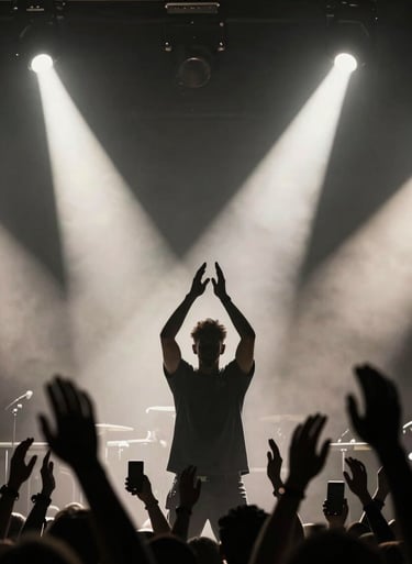 Silhouette of a lead singer raising their hands to the crowd. High contrast, elegant composition with dark anthracite shadows and bright off-white stage lights. Shot at a Western European / Dutch music festival.