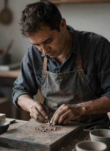 Authentic documentary-style shot of an artisan at work, natural lighting, earthy textures with #1A1A1A depth, sophisticated and raw.