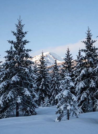 A wide landscape of a snow-covered forest in the North American mountains, frosted pine trees under a crisp blue-tinted winter sky, serene and silent winter atmosphere.