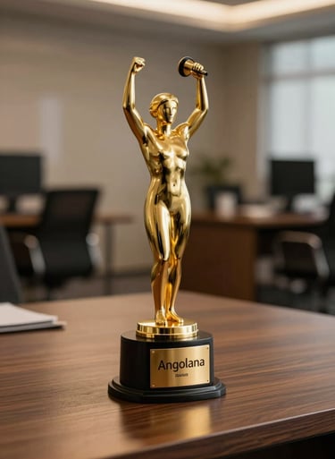 A prestigious film award trophy sitting on a minimalist dark wood desk, warm golden lighting, cinematic bokeh background in an Angolana office.