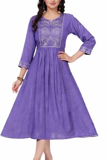 Woman wearing a purple Anarkali kurti with golden embroidery and ethnic print design.