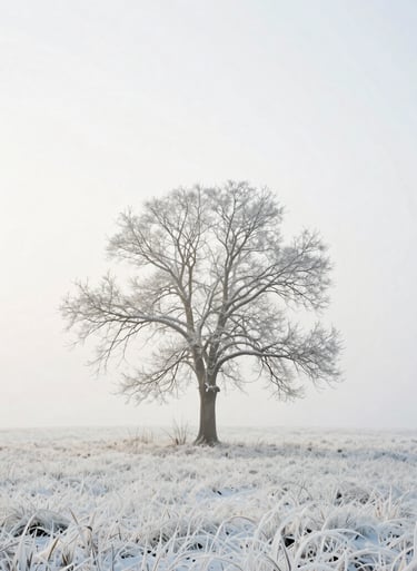A minimalist landscape of a single tree in a foggy field, shot in high-key style, soft off white and pale silver blue tones, elegant and simple, International / Western.