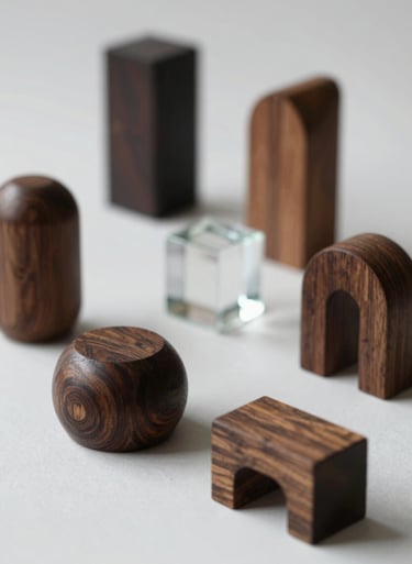 An artistic photograph of limited edition collectible sculptures crafted from sustainable dark wood and glass, arranged on a #F1F4F2 surface. Sophisticated lighting highlights the geometric forms and eco-conscious materials.