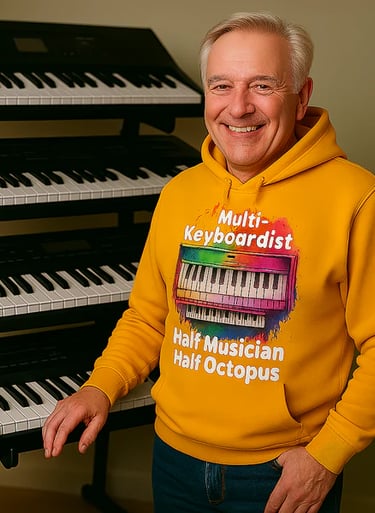 man wearing a gtaphic hoodie with keyboard graphic and many piano keyboards