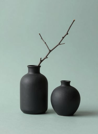 A still life composition of minimalist desk objects: a matte black vase and a single textured branch. Sophisticated use of shadows and light. The background is a soft #A7C5C3, with the objects in deep #1C2826.