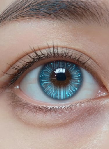 Close-up of a human eye with digital circuitry reflections, sharp hyper-realistic photography style, subtle blue tones from #98C1D9, innovative tech aesthetic.