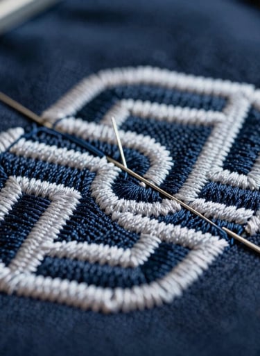 Macro close-up of high-density embroidery needles stitching a complex geometric pattern onto structured navy fabric, sharp focus on thread texture, cool industrial light.